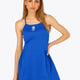  Woman wearing the Osaka women pleated tech dress in princess blue with grey logo. Front view