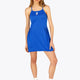 Woman wearing the Osaka women pleated tech dress in princess blue with grey logo. Front view