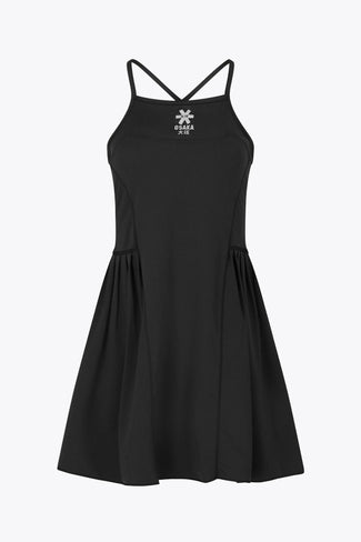 Farbe: Osaka Damen-Plissee-Tech-Kleid Osaka women pleated tech dress in black with grey logo. Front flatlay view