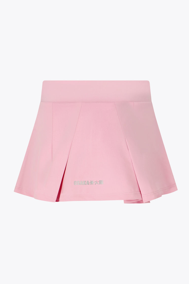 Osaka women floucy skort pink with logo in grey. Back flatlay view