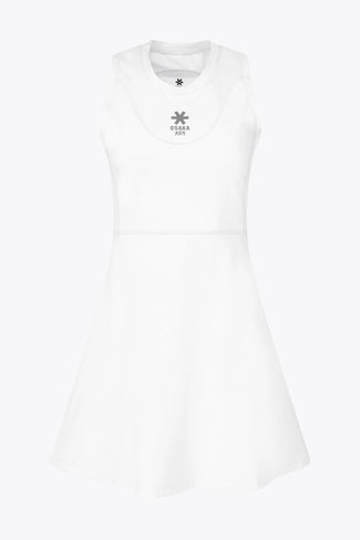 Farbe Damen Floucy Kleid Osaka women floucy dress white with logo in grey. Front flatlay view