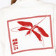 Osaka women v-neck cropped sweater white with logo in red. Back detail logo view