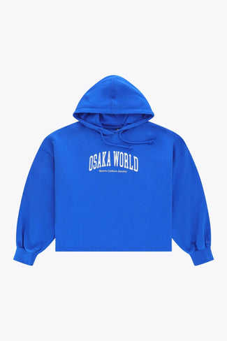 Farbe Osaka Damen kurz geschnitten <tc>Hoodie</tc> Osaka women cropped hoodie inprincess blue with college logo in white. Front flatlay view