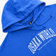 Osaka women cropped hoodie inprincess blue with college logo in white. Front detail neck and cap view