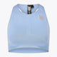 Osaka women tech sports bra in manor blue with logo in grey. Front flatlay view