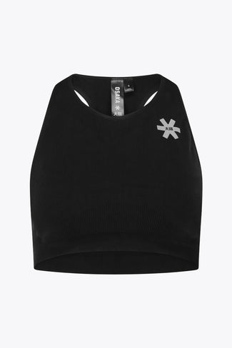 Color Women Tech Sports Bra Osaka women tech sports bra in black with logo in grey. Front flatlay view