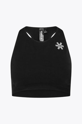 Farbe Damen Tech Sport-BH Osaka women tech sports bra in black with logo in grey. Front flatlay view