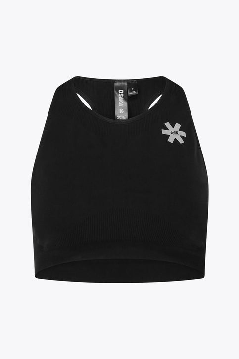 Osaka women tech sports bra in black with logo in grey. Front flatlay view