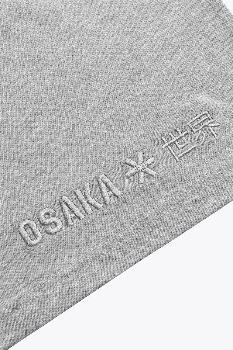 Osaka unisex basic tee in heather grey. Detail logo view