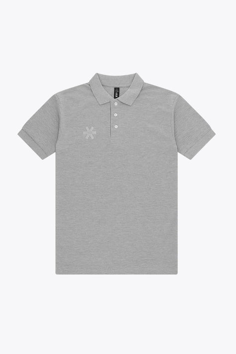 Unisex heather grey polo shirt with embroidered chest logo and three-button placket