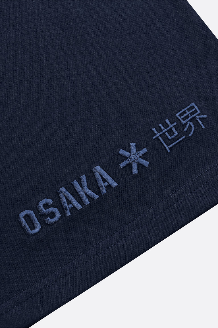 Osaka unisex basic tee in navy. Detail logo view