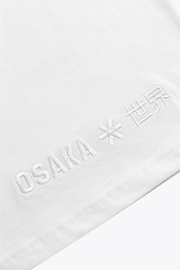Osaka unisex basic tee in white. Detail logo view