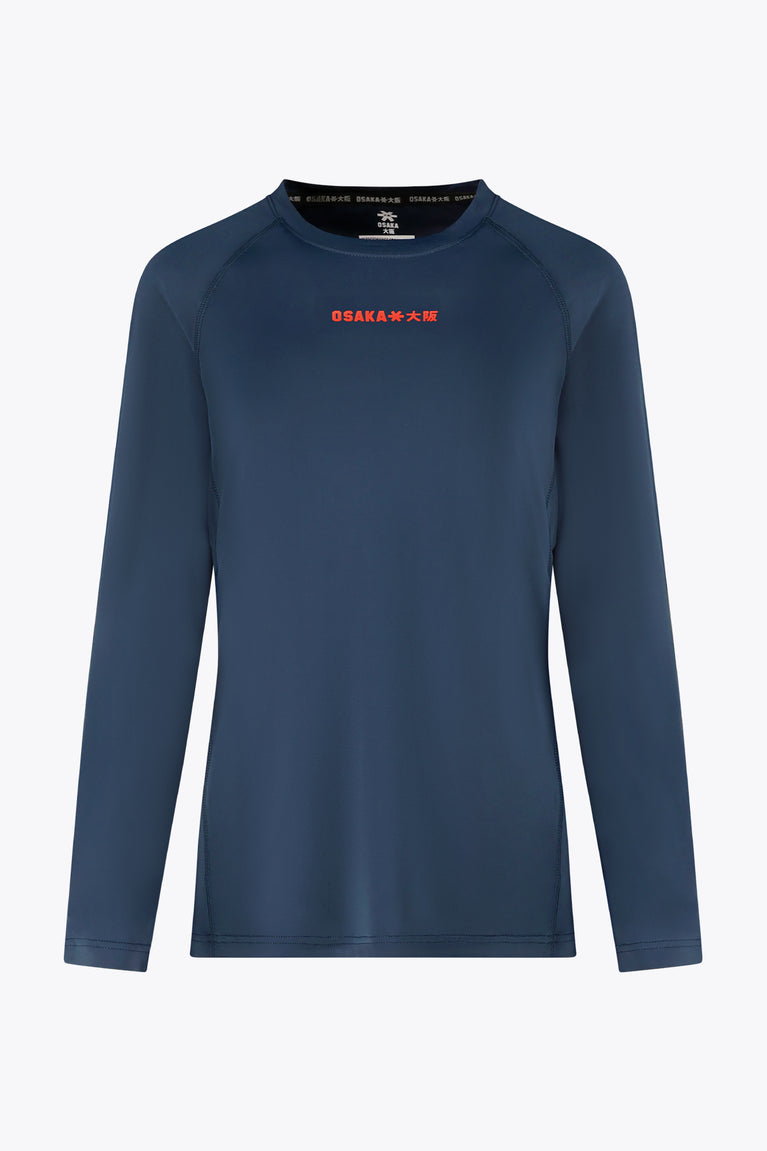 Women’s long-sleeve court tee in dark blue with red Osaka logo on chest