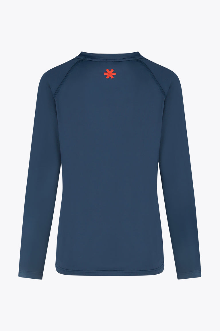 Women’s long-sleeve court tee, dark blue, with red Osaka emblem on back