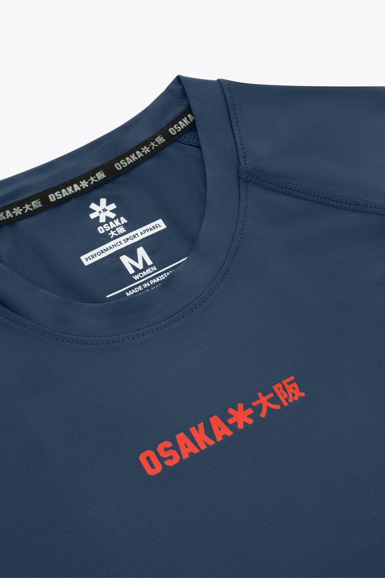 Dark blue long-sleeve tee with crew neck, Osaka print and size label at collar