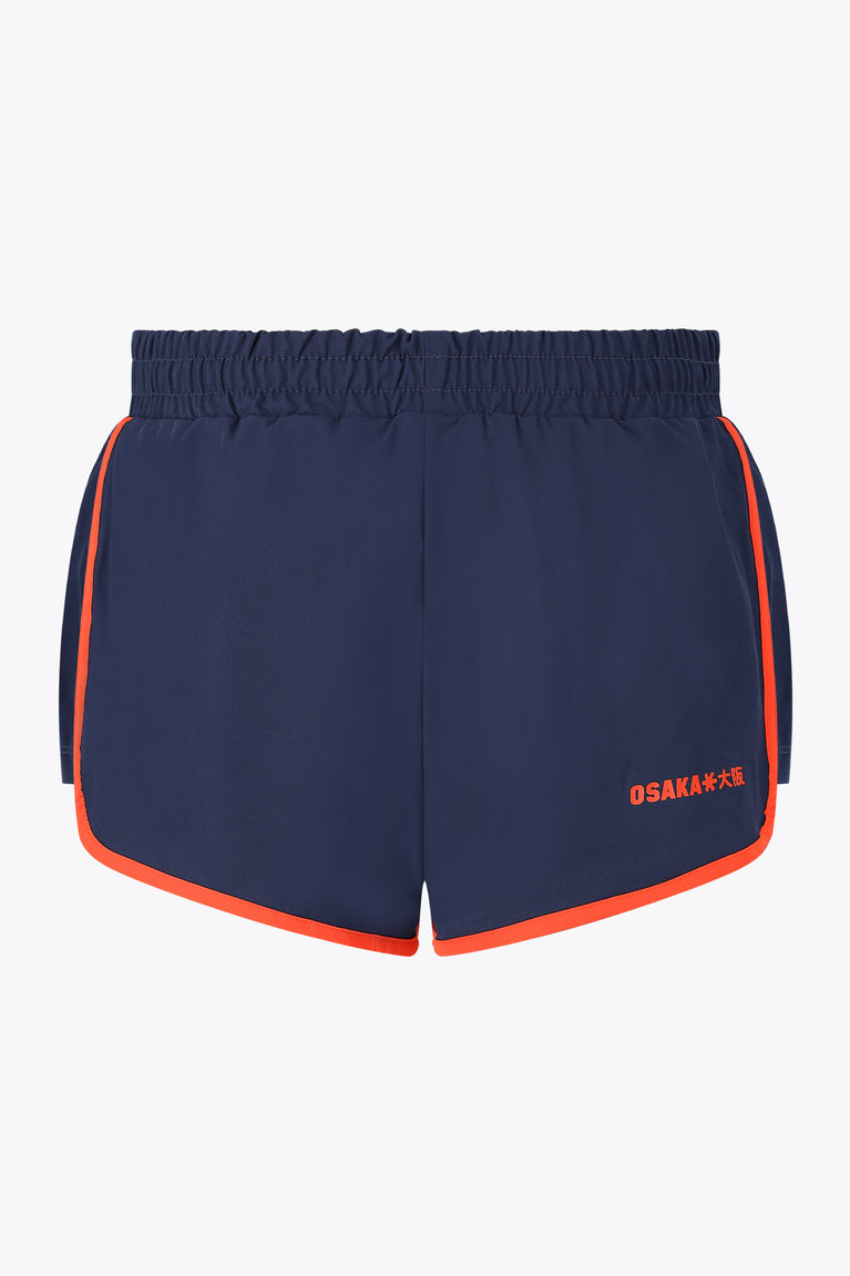 Navy women’s court short with elastic waistband, orange piping, OSAKA logo