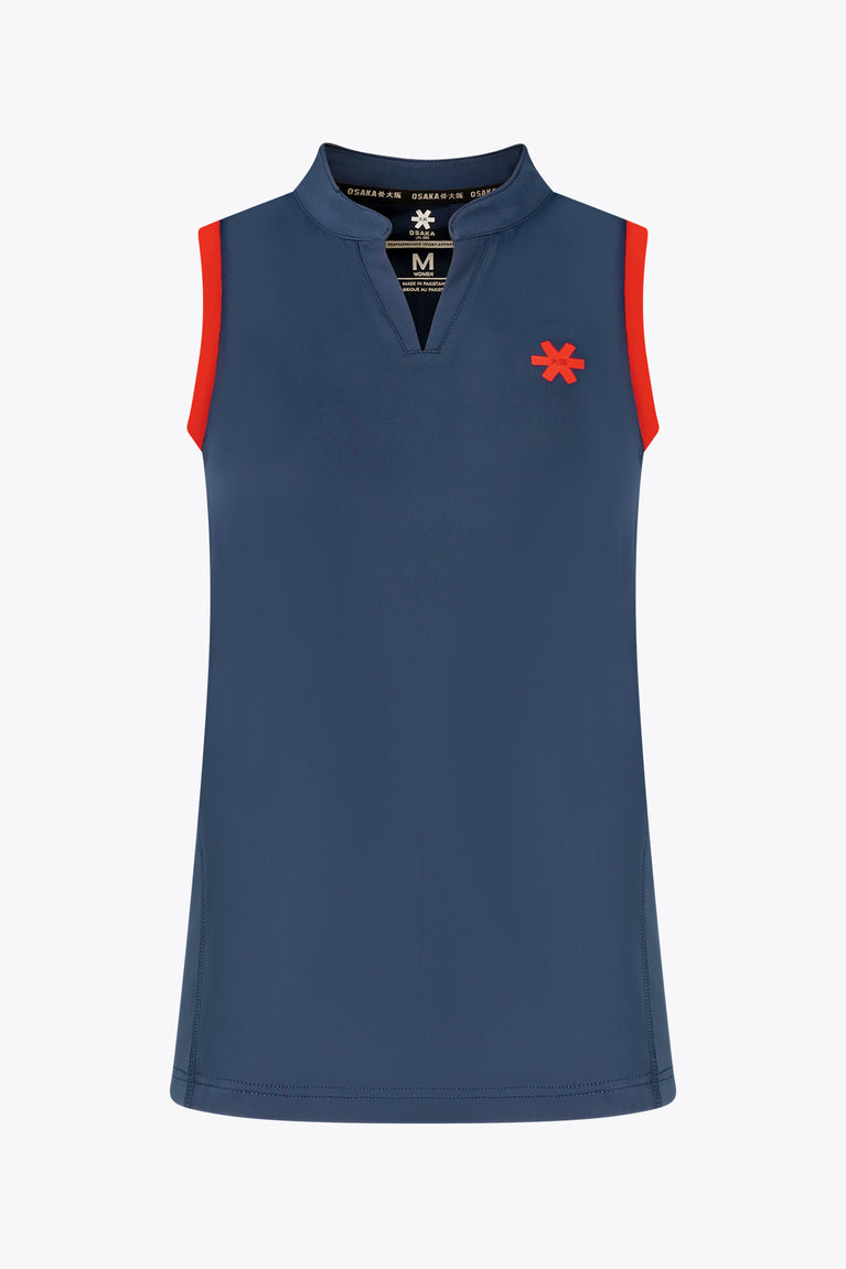 Women’s court tank top, navy-blue with V-neck, orange side panels, red logo