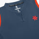 Women’s court tank top neckline, navy-blue V-neck with brand tag and red logo