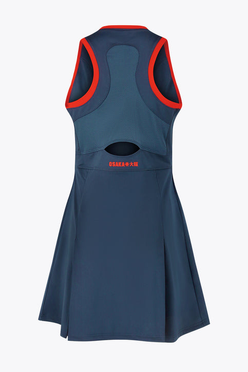 Women’s navy sleeveless dress with red neck trim and star logo at chest