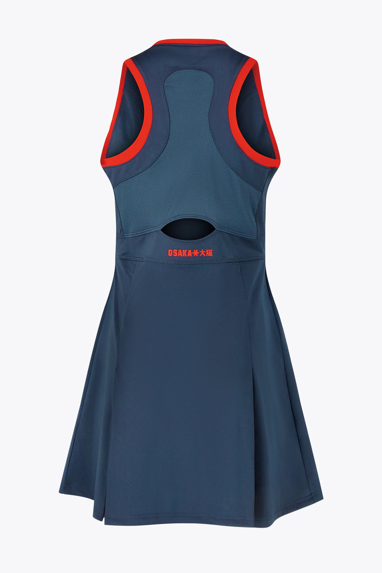 Women’s navy sleeveless dress, racerback style, with red piping and chest graphic