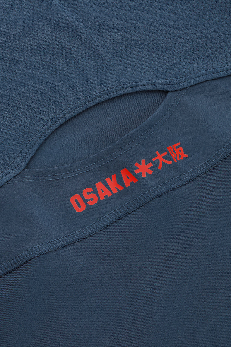 Women’s navy dress seam with red printed text and small logo along the edge
