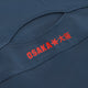 Women’s navy dress seam with red printed text and small logo along the edge