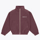 Women’s full-zip sweater with stand collar, front pockets, and gold zipper in plum