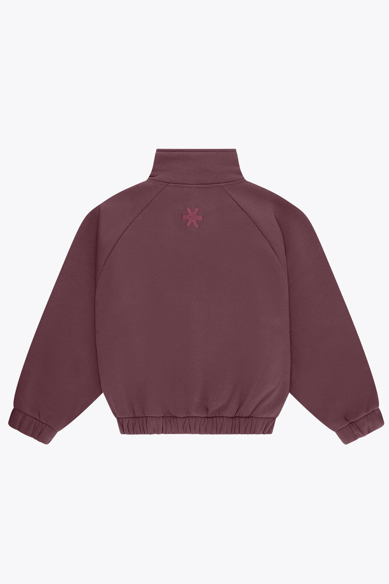 Women’s full-zip sweater with stand collar and embroidered back logo in plum