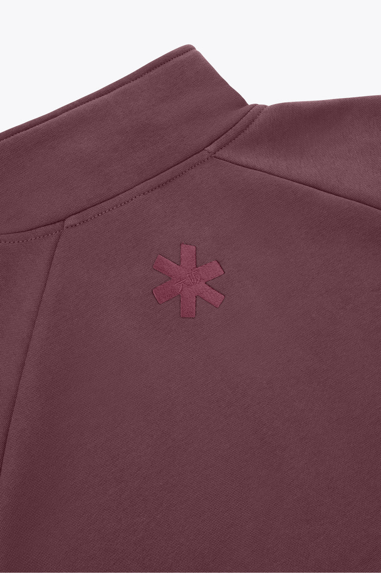 Plum full-zip sweater back detail with embroidered logo and stand collar