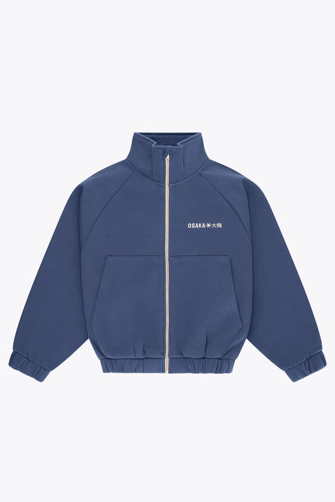 Women’s full-zip sweater, dark blue with high neck and front pockets