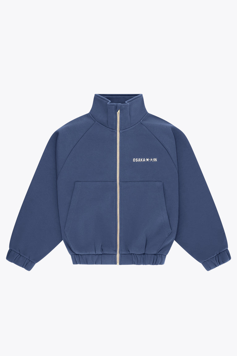 Women’s full-zip sweater, dark blue with high neck and front pockets
