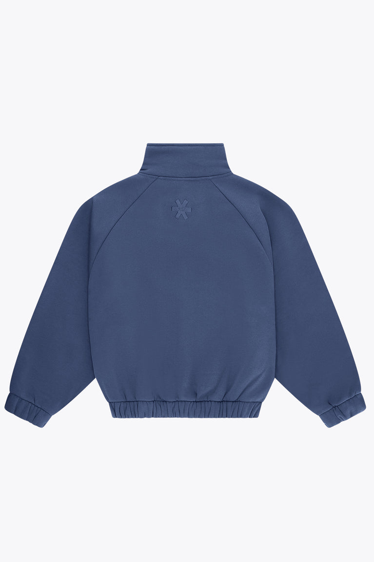 Women’s full-zip sweater back view, dark blue with high collar and small emblem