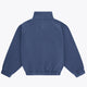 Women’s full-zip sweater back view, dark blue with high collar and small emblem