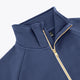 Women’s full-zip sweater close-up of high collar and gold-trim zipper
