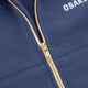 Women’s full-zip sweater chest close-up with gold zipper and “OSAKA” text