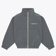 Women’s dark grey melange full-zip sweater with stand collar and gold zipper trim