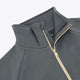 Women’s full-zip sweater collar detail with gold-and-orange zipper