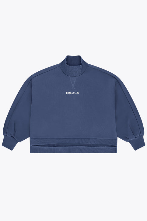 Women’s mockneck sweater in blue with ribbed hem and sleeves