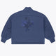 Blue women’s mockneck sweater with back embroidered floral graphic and snowflake