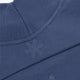 Blue mockneck sweater neckline with ribbed collar and cross-style embroidery