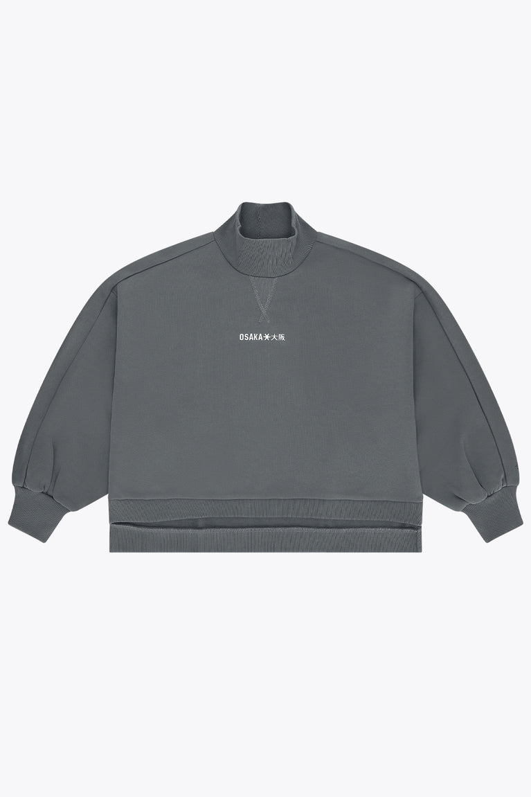 Dark grey melange women’s mockneck sweater with ribbed hem and cuffs.