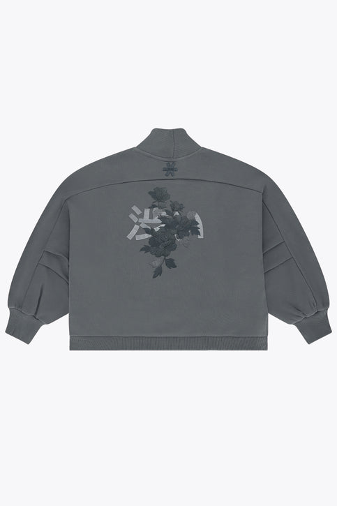 Dark grey melange women’s mockneck sweater with ribbed hem and cuffs.