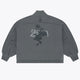 Dark grey melange women’s mockneck sweater with floral back graphic and ribbed cuffs.