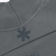 Dark grey melange mockneck sweater collar with ribbed trim and small embroidered cross.