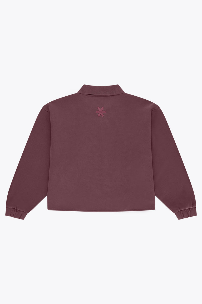 Women’s Osaka polo zip sweater, back view with small cross/star embroidery, long sleeves