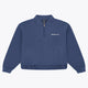 Blue women’s zip polo sweater with ribbed cuffs and hem, front quarter zip