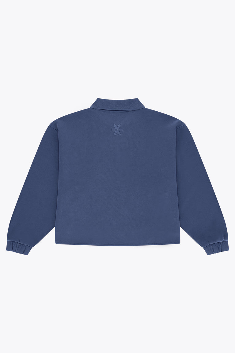 Blue women’s zip polo sweater, back view with ribbed cuffs and hem