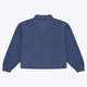 Blue women’s zip polo sweater, back view with ribbed cuffs and hem