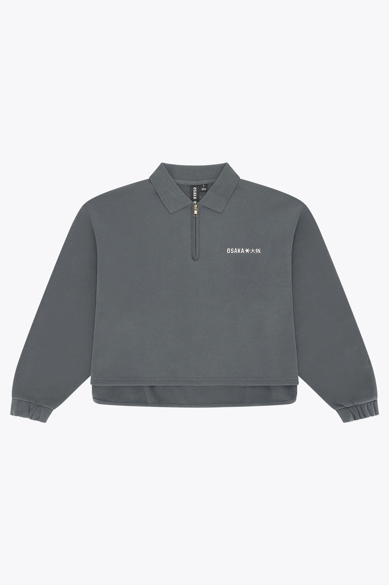 Women’s dark grey melange zip polo sweater, ribbed collar and hem cuffs