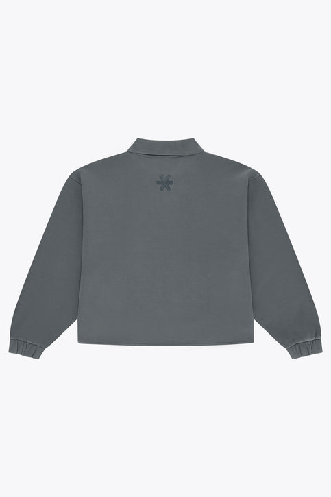 Women’s dark grey melange zip polo sweater, ribbed collar and hem cuffs